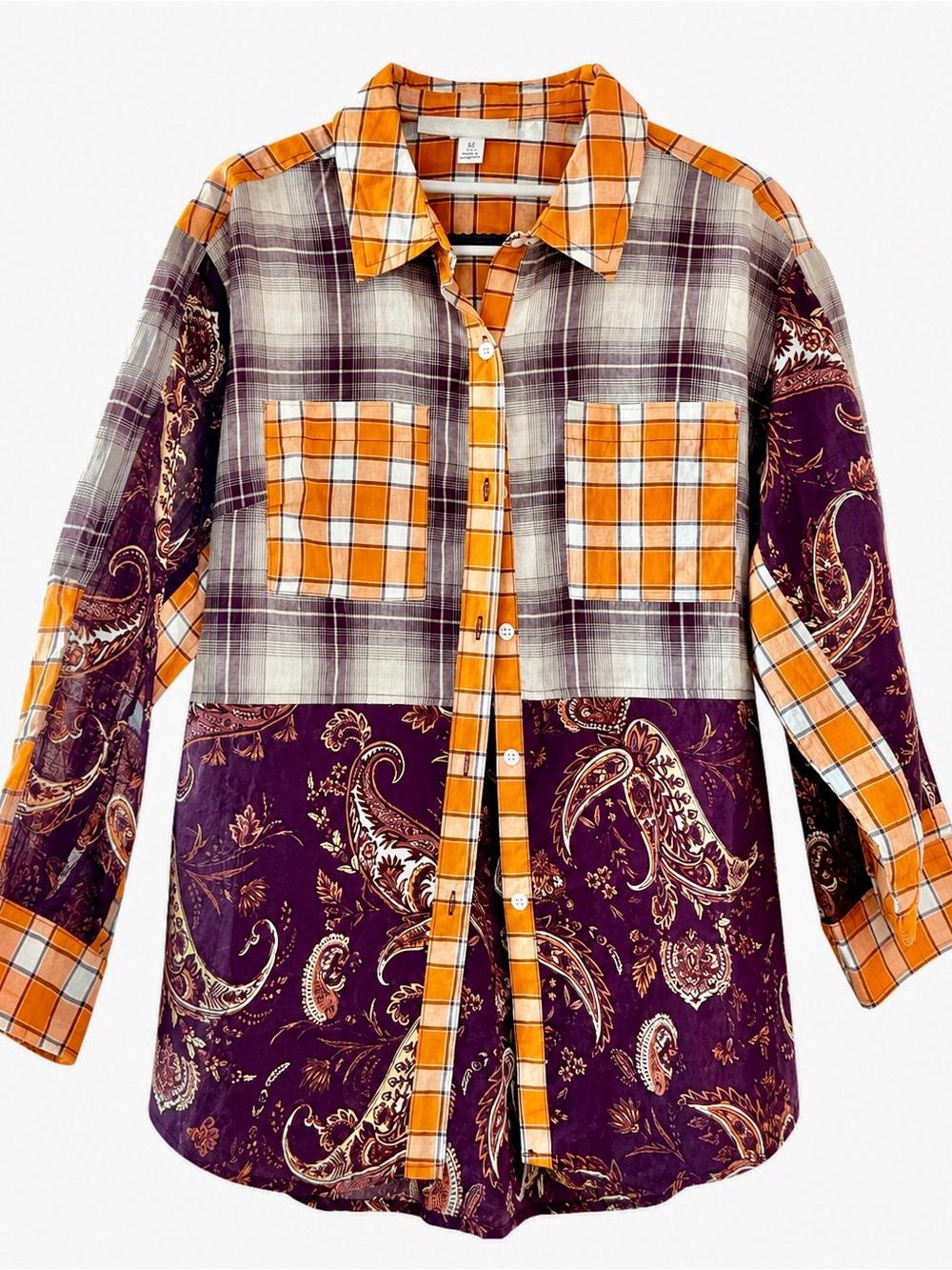 Cato Paisley & Plaid Patchwork Style Button-Down Shirt